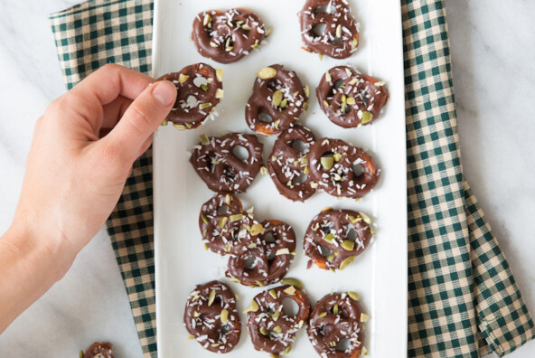 pistachio, coconut and sea salt chocolate covered pretzels