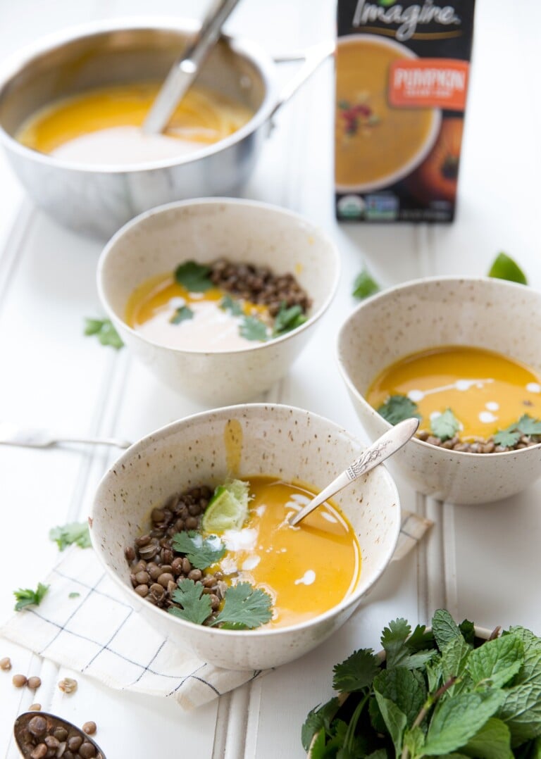 creamy pumpkin soup with curry and lentils