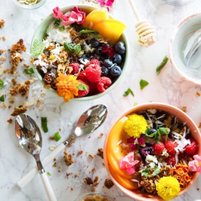 gluten-free coconut pecan granola with yogurt & berries