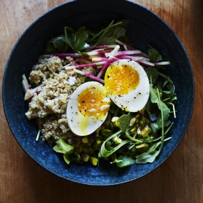 Arugula Breakfast Salad with Toasted Pistachio, Radish & Soft Eggs