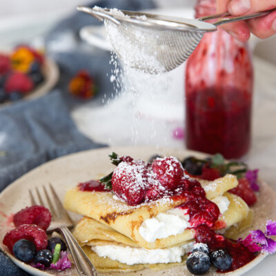 Raspberry & Ricotta Crepes with Fresh Berries & Raspberry Sauce