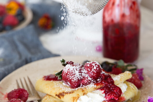 Raspberry & Ricotta Crepes with Fresh Berries & Raspberry Sauce