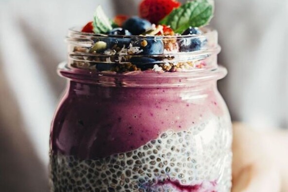 chia, acai, strawberry breakfast jar