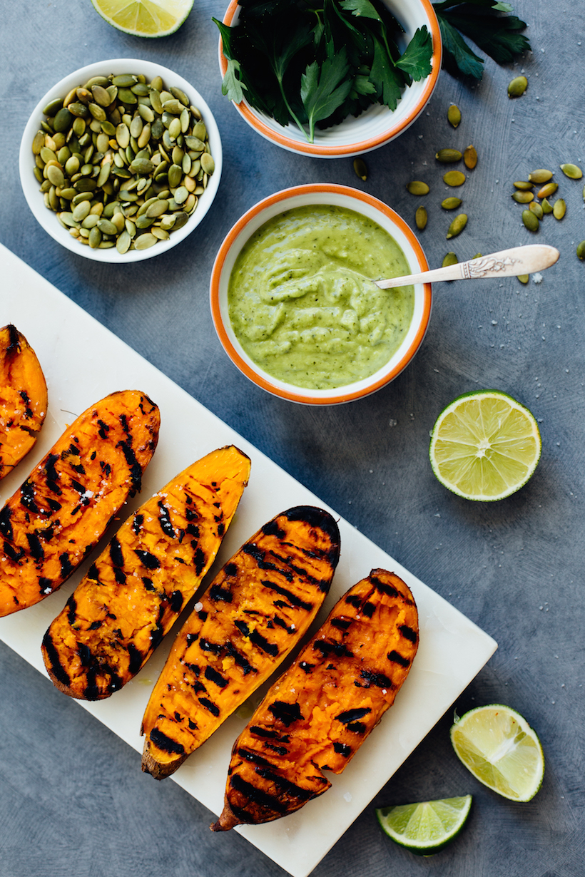 Smashed Grilled Sweet Potatoes With Chimichurri Camille Styles