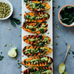 smashed grilled sweet potatoes with chimichurri