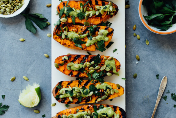 smashed grilled sweet potatoes with chimichurri
