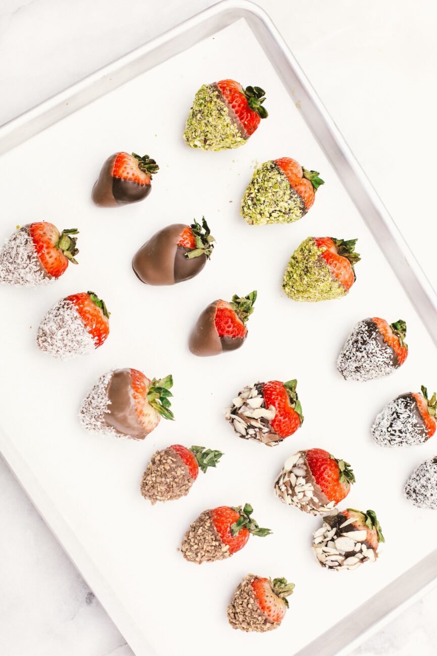 chocolate covered strawberries on tray