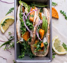 sweet potato pitas with arugula & garlic dressing