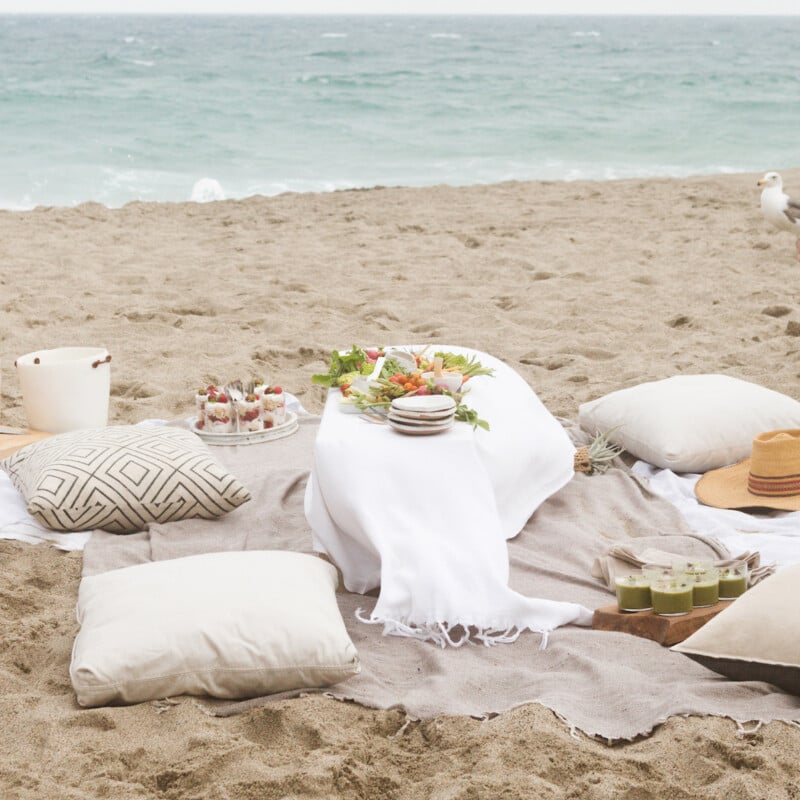 brunch with monique otero of brunch pants, malibu, beach picnic, sand