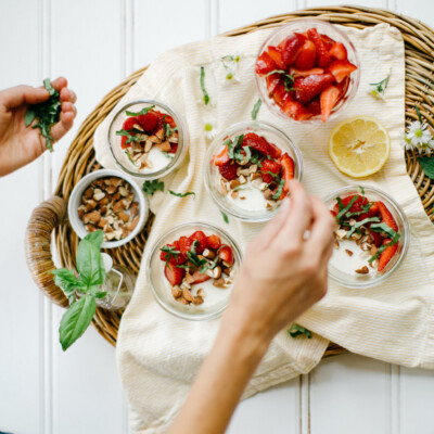 Vanilla Panna Cotta with Strawberries, Basil & Almonds