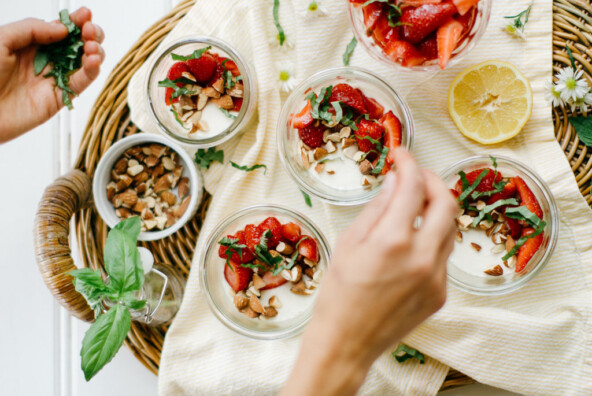 Vanilla Panna Cotta with Strawberries, Basil & Almonds