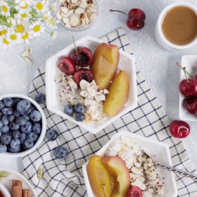 A Quinoa Breakfast Bowl with Saffron Poached Peaches and Spices from This Brown Kitchen