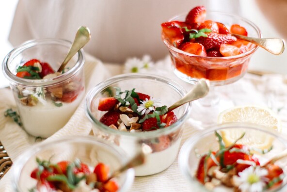vanilla strawberry panna cotta on tray