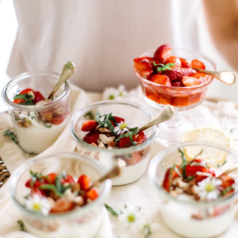 vanilla strawberry panna cotta on tray