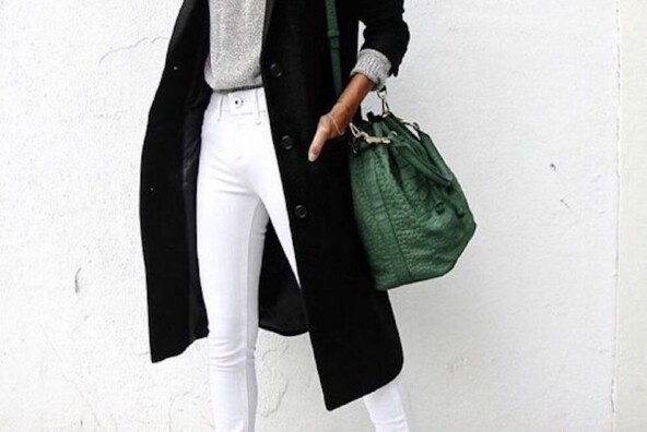 black long jacket, green bag