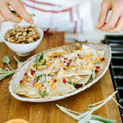 pumpkin ravioli with walnuts and sage