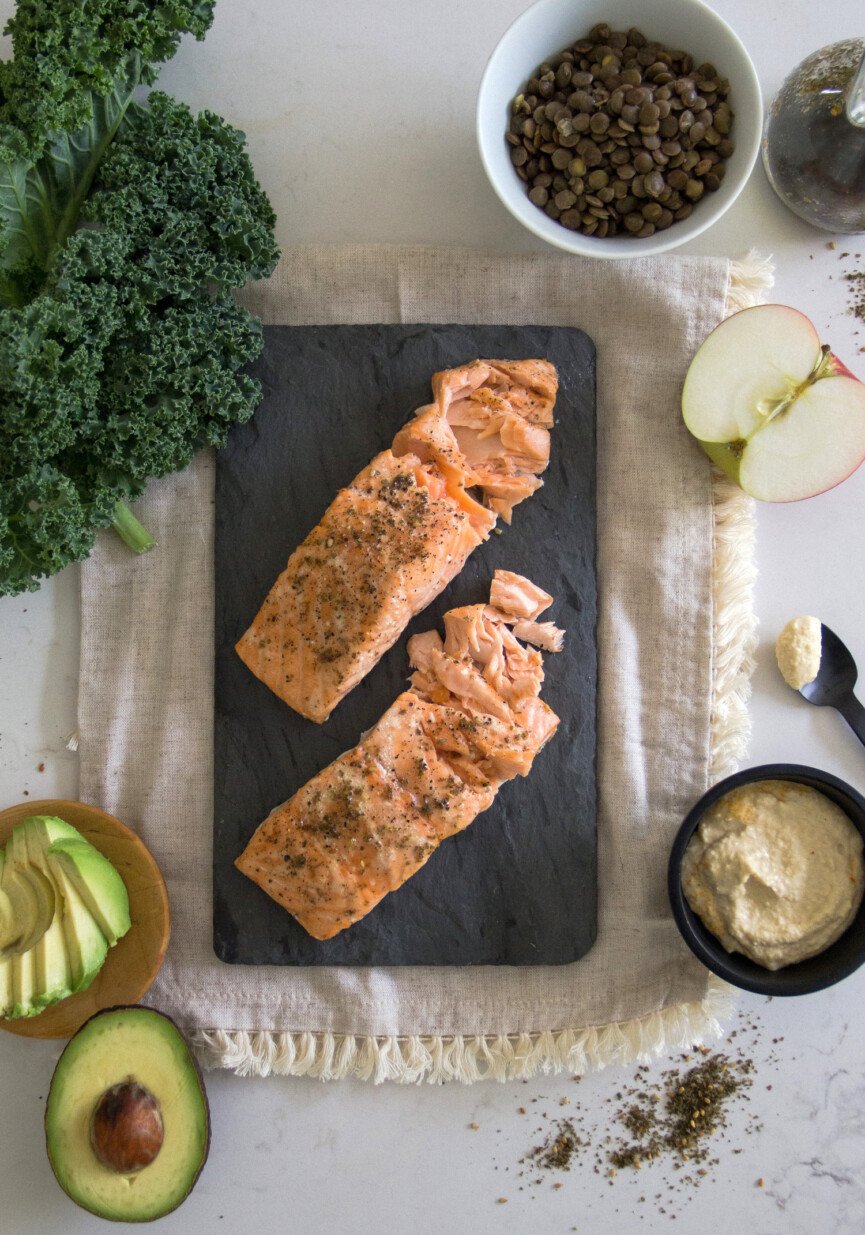 cooked salmon_za'atar hummus and lentil salad