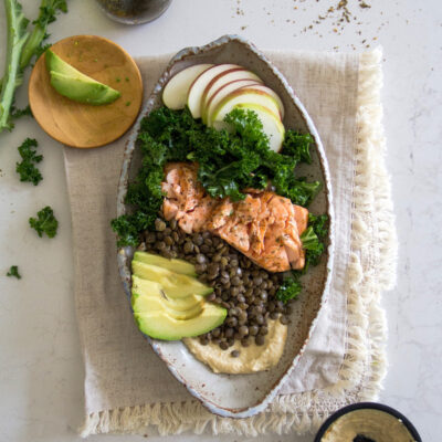 za'atar hummus and lentil salad with salmon