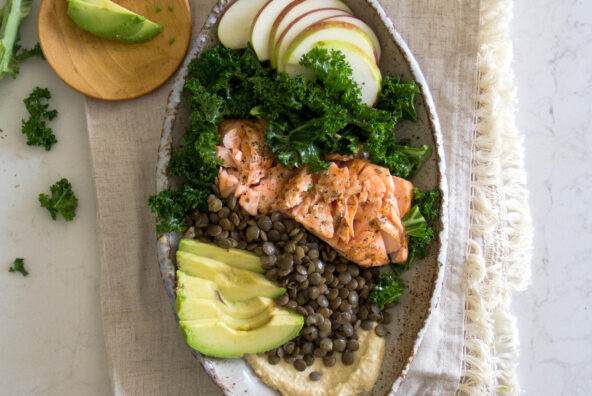 za'atar hummus and lentil salad with salmon