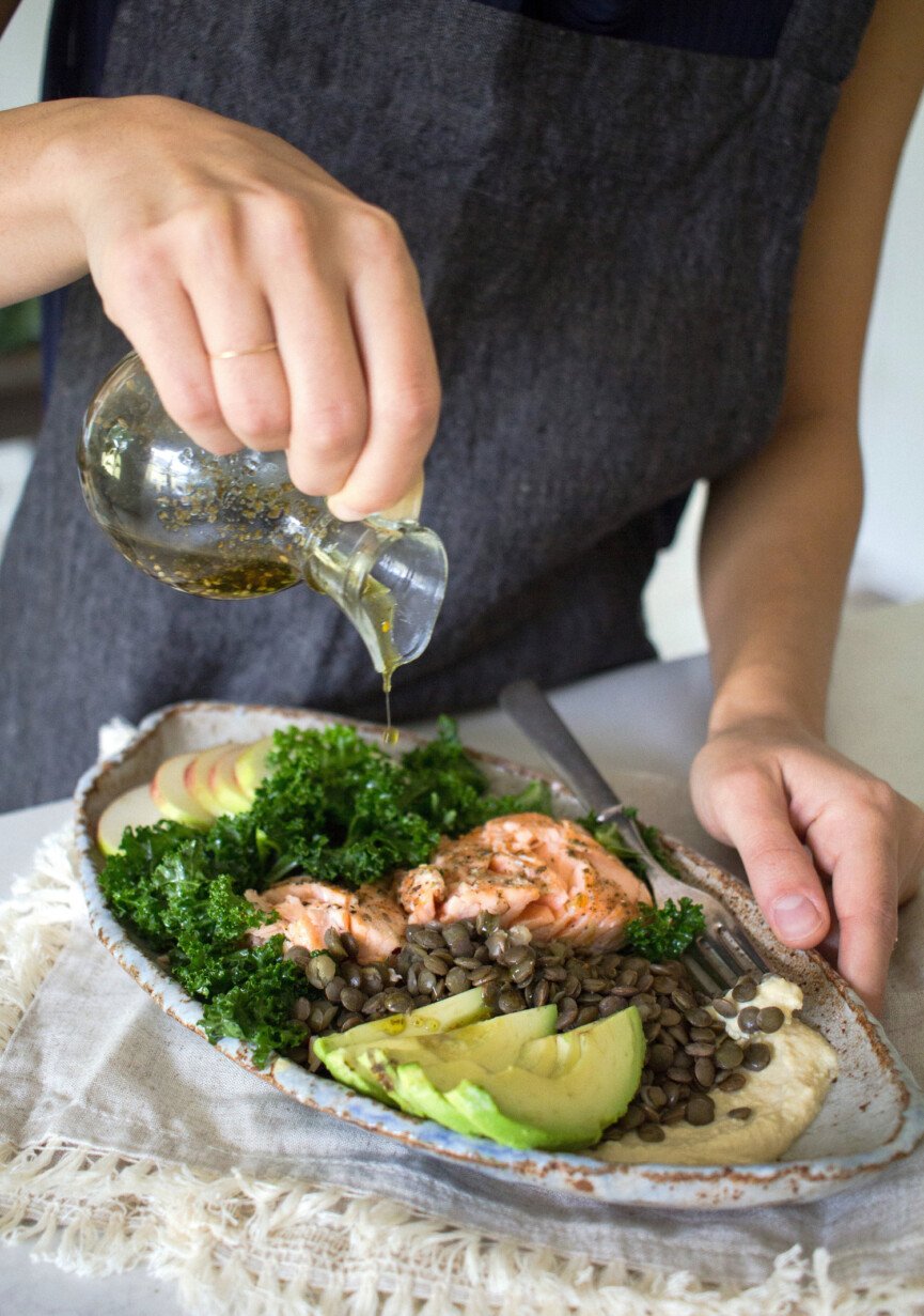 za'atar hummus and lentil salad with salmon