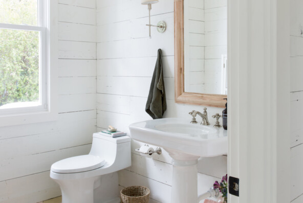 the bright and airy bathroom at the Camille Styles headquarters