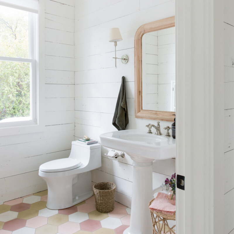 the bright and airy bathroom at the Camille Styles headquarters