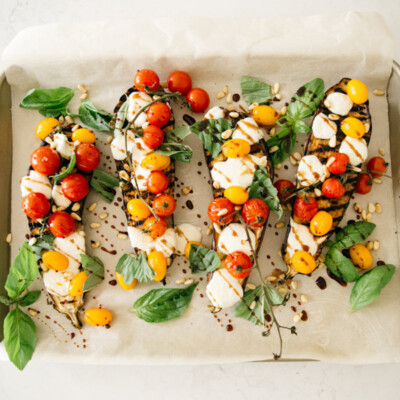 Stuffed Caprese Grilled Eggplants with Tomatoes, Basil & Mozzarella