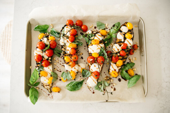 Stuffed Caprese Grilled Eggplants with Tomatoes, Basil & Mozzarella