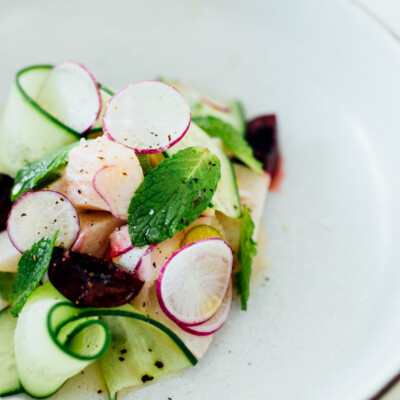 Hamachi Ceviche with Cherries, Radish & Cucumber