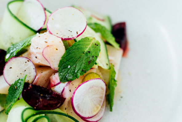 Hamachi Ceviche with Cherries, Radish & Cucumber