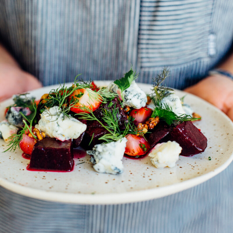 This grilled beet, strawberry, & blue cheese salad is perfect for a dinner party