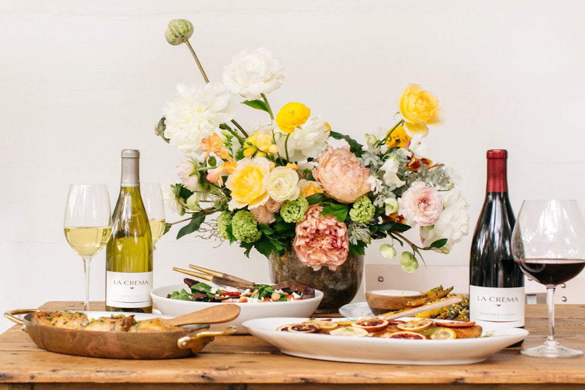 spring flowers and dinner party tabletop