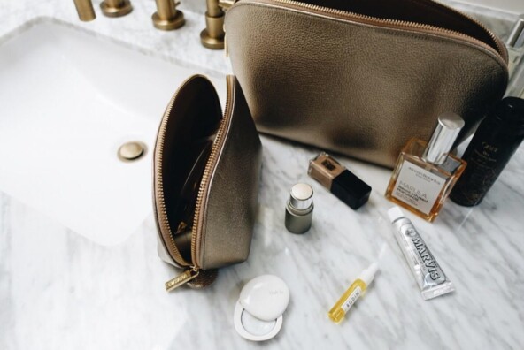 bathroom counter, makeup bag