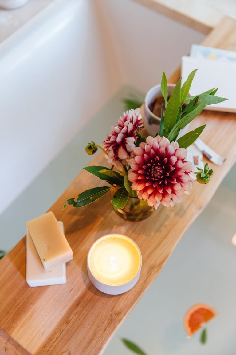 bath tray and bath caddy with relaxing candle