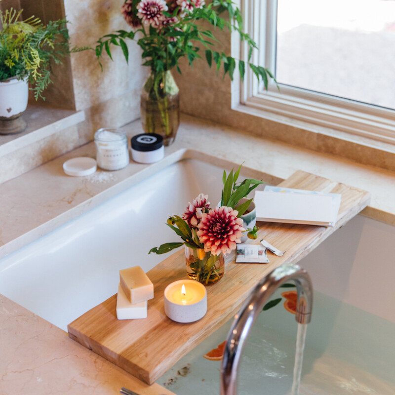 calm and relaxing bath with bright flowers
