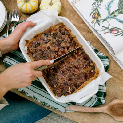 salted caramel chocolate bourbon pecan pie bars for thanksgiving