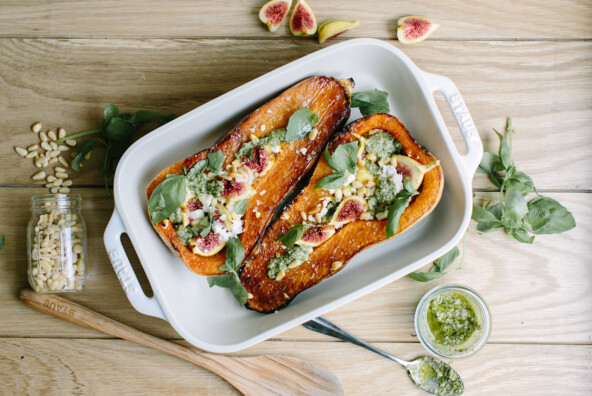 Roasted & Stuffed Butternut Squash filled with Pesto, Figs, & Goat Cheese