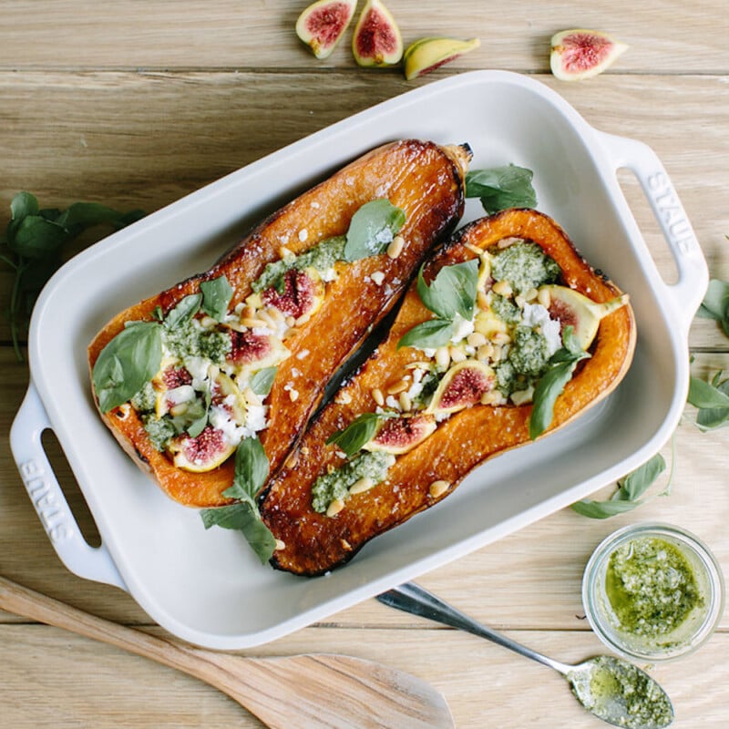 Roasted & Stuffed Butternut Squash filled with Pesto, Figs, & Goat Cheese