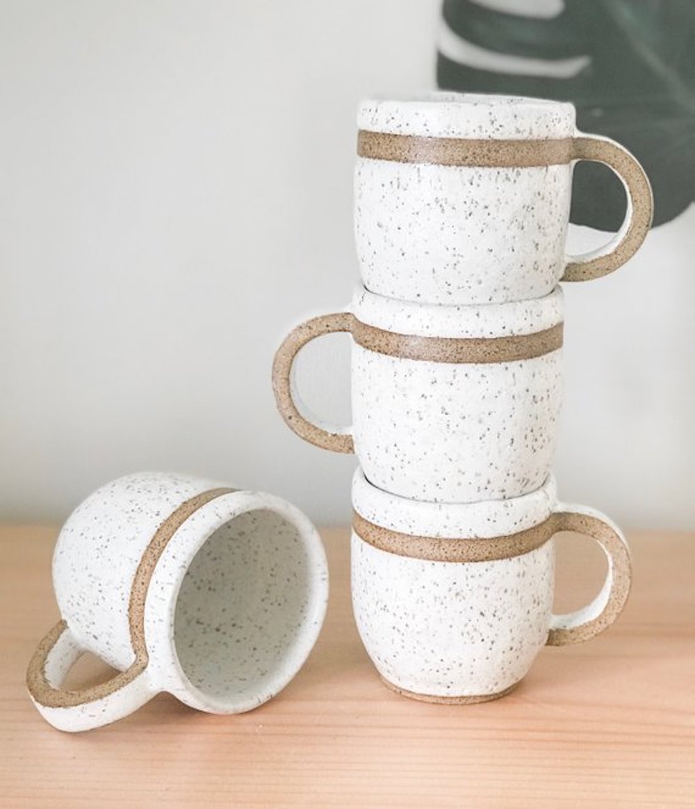 Soft Earth Ceramics White Speckled Banded Handle Mug
