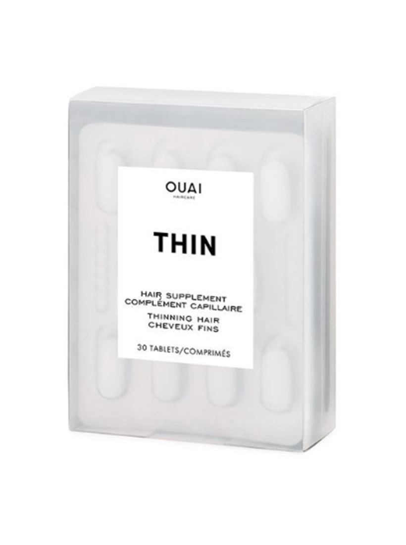 Thin Hair Supplement by Ouai This capsules strengthen hair by “feeding” it with essential nutrients (biotin, silica, ashwagandha, and amino acids) so it can grow long and strong.