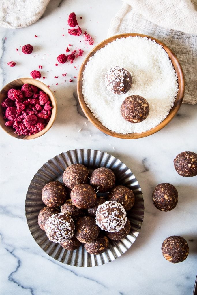 raspberry cocoa energy balls, healthy snack
