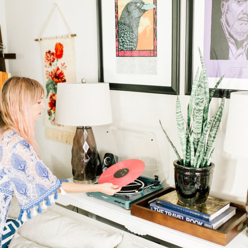 camille styles beat the sunday scaries, andi eaton, record player, living room design