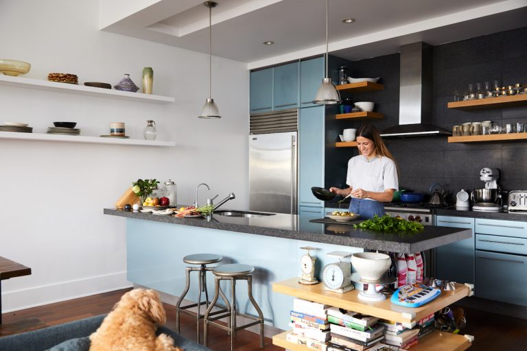 blue kitchen in a NY apartment 