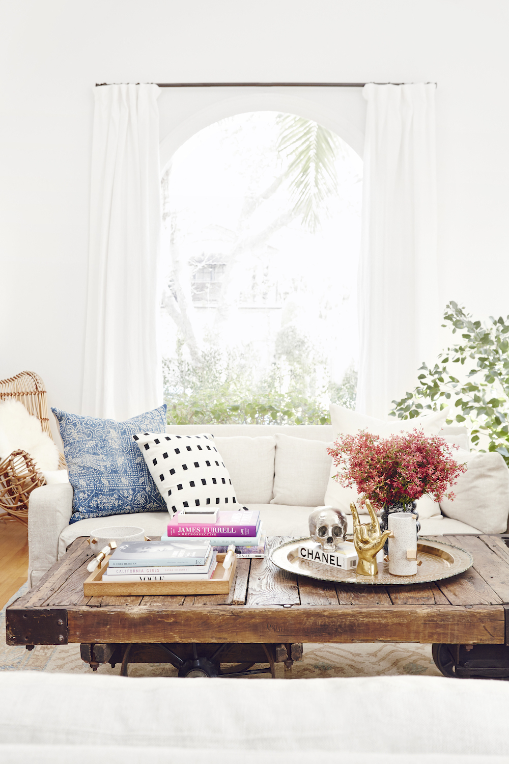 nina dobrev's bright white and bohemian living room