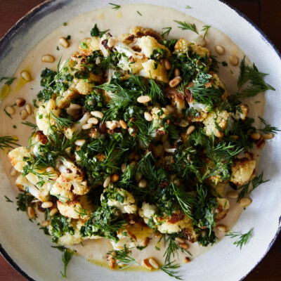 Roasted Cauliflower with Garlic Tahini, Chimichurri and Dill