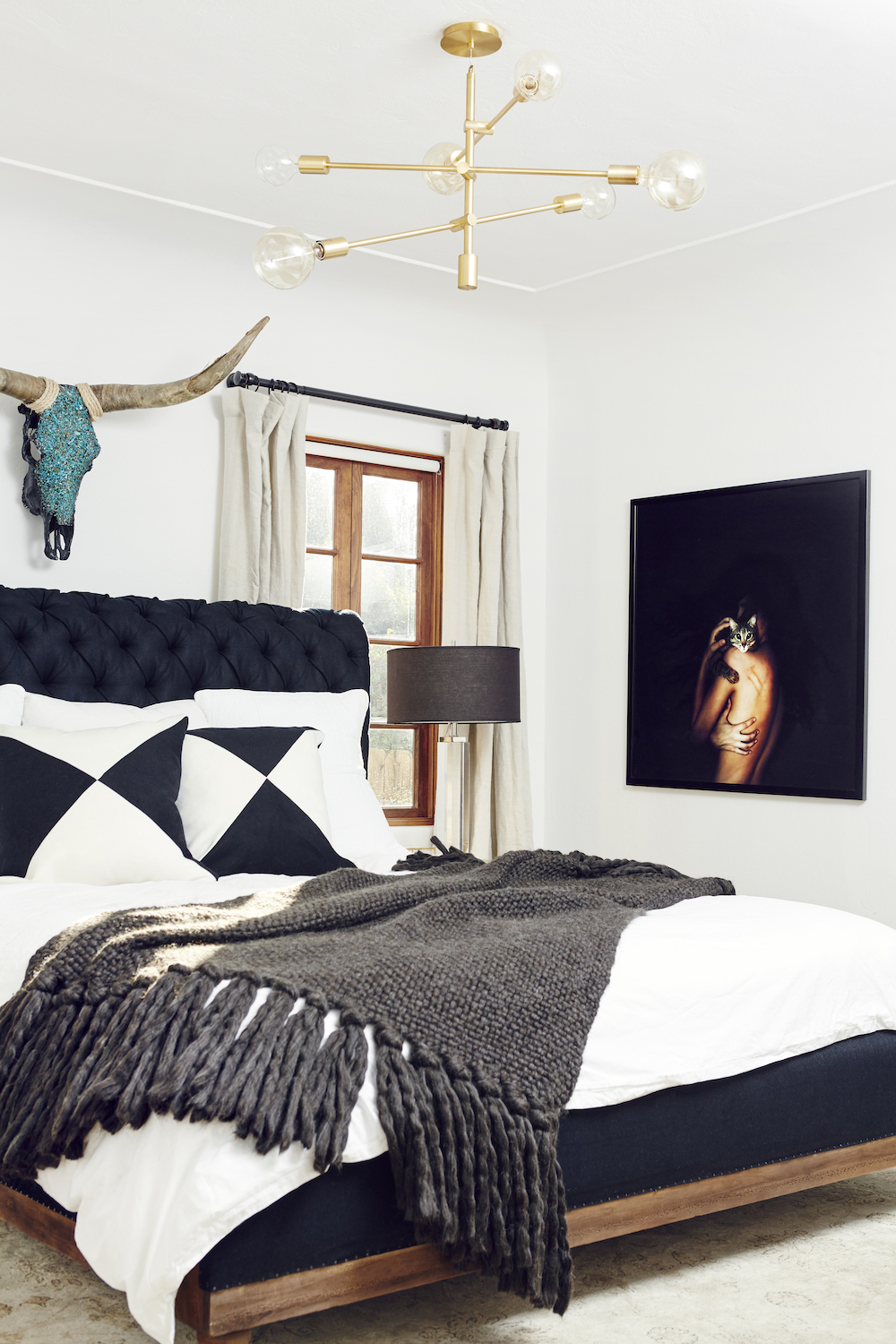 nina dobrev's cool black and white master bedroom