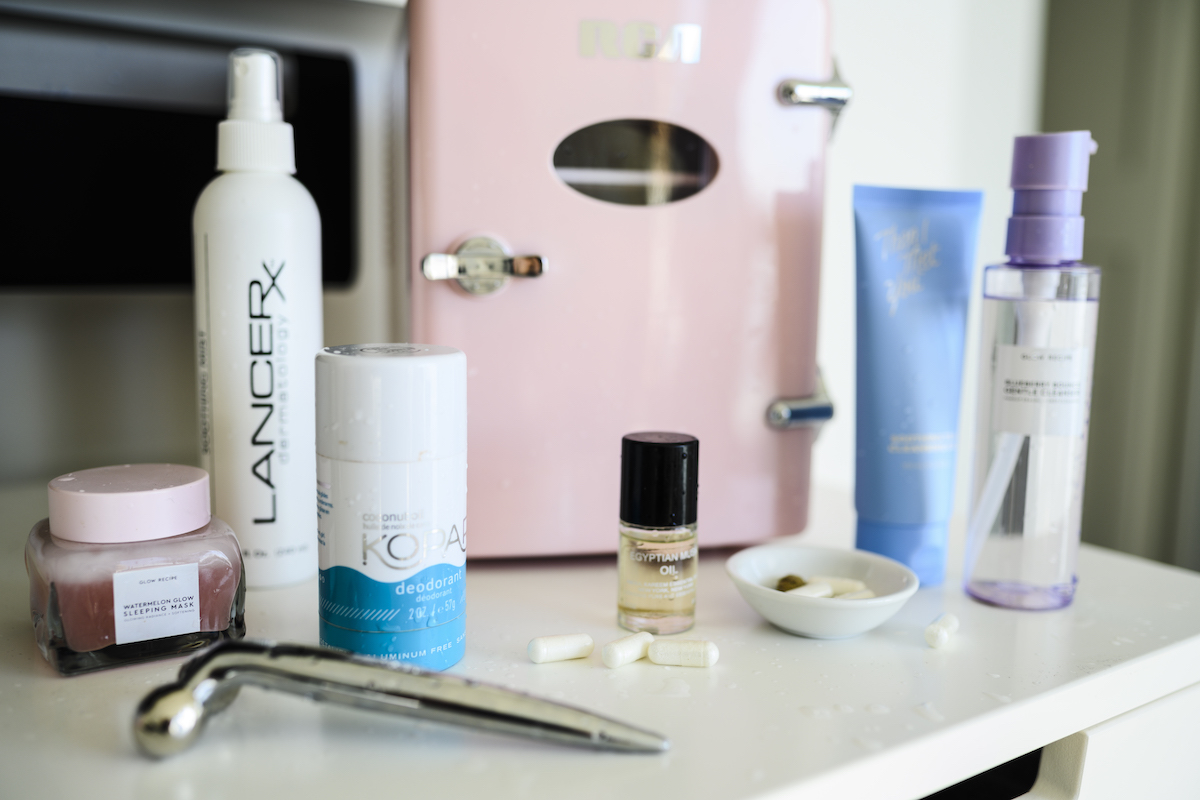 Beauty Products, Lauryn Evarts of The Skinny Confidential blog and podcast at her home in West Hollywood, Los Angeles