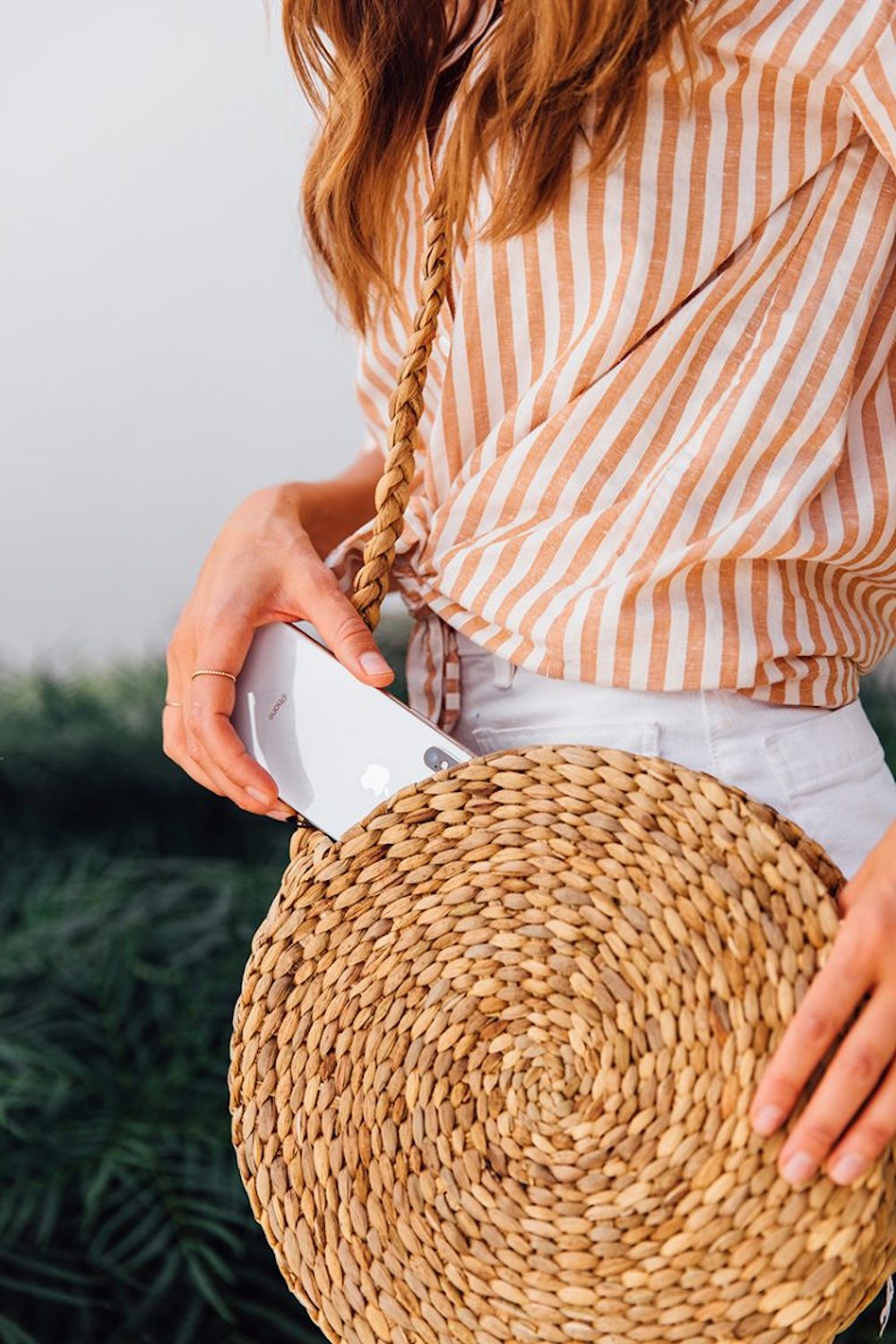 straw purse, cell phone, summer outfit
