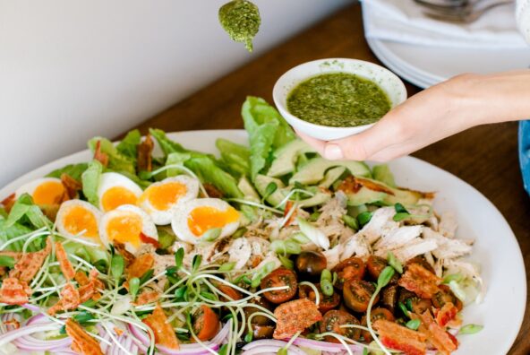family style pesto chicken cobb salad