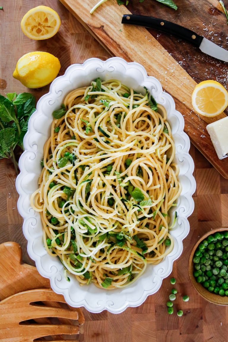 Lemony Bucatini Carbonara with Zucchini & Peas
